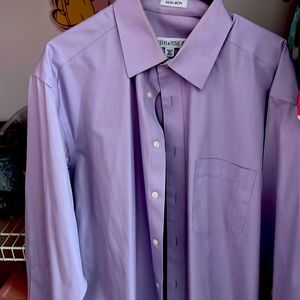 Button down suit, shirt, white purple.